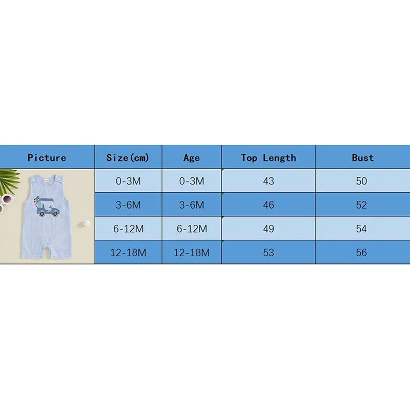 Mono de verano para bebé niño, sin mangas, cuello redondo, a rayas, bordado, carrito de golf