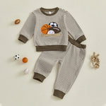 Conjunto de ropa para bebé niño pequeño, 2 piezas, otoño, con bordado de rugby, camiseta de manga larga a rayas y pantalones elásticos