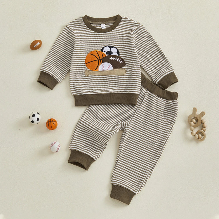 Conjunto de ropa para bebé niño pequeño, 2 piezas, otoño, con bordado de rugby, camiseta de manga larga a rayas y pantalones elásticos