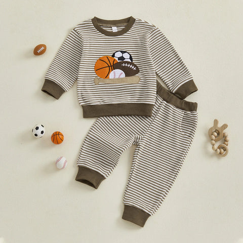 Conjunto de ropa para bebé niño pequeño, 2 piezas, otoño, con bordado de rugby, camiseta de manga larga a rayas y pantalones elásticos