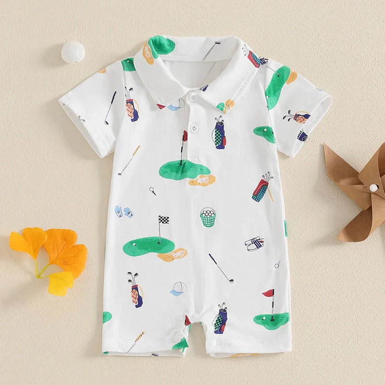 Mono de golf para bebé niño y niña, con cuello de solapa y botones, manga corta, ropa de verano