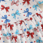 Conjunto de 2 piezas para niña bebé para el 4 de julio, con estampado de corazones y estrellas, cuello redondo con volantes, manga corta y diadema con lazo