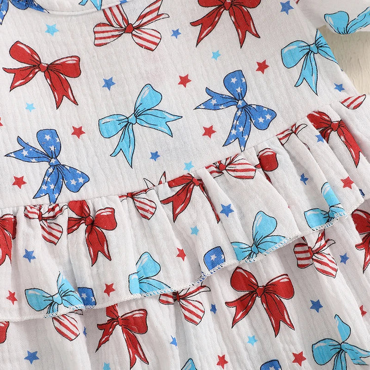 Conjunto de 2 piezas para niña bebé para el 4 de julio, con estampado de corazones y estrellas, cuello redondo con volantes, manga corta y diadema con lazo