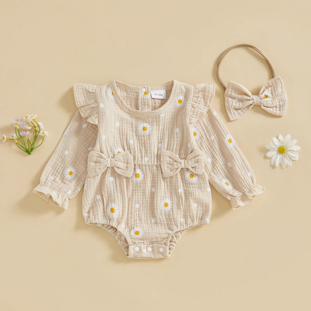 Mono de otoño para niña con estampado de margaritas, manga larga, cuello redondo, lazo y diadema