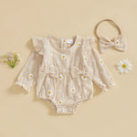 Mono de otoño para niña con estampado de margaritas, manga larga, cuello redondo, lazo y diadema