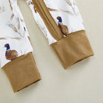 Mono de manga larga con cuello redondo y cremallera con estampado de orejas de trigo y pájaro suave para bebés y niñas