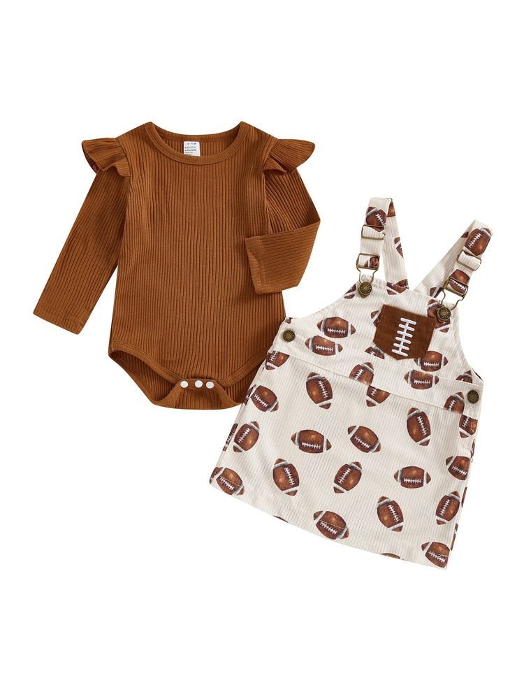 Conjunto de 2 piezas de ropa de otoño para bebés y niñas pequeñas, mono de manga larga y vestido con estampado de fútbol