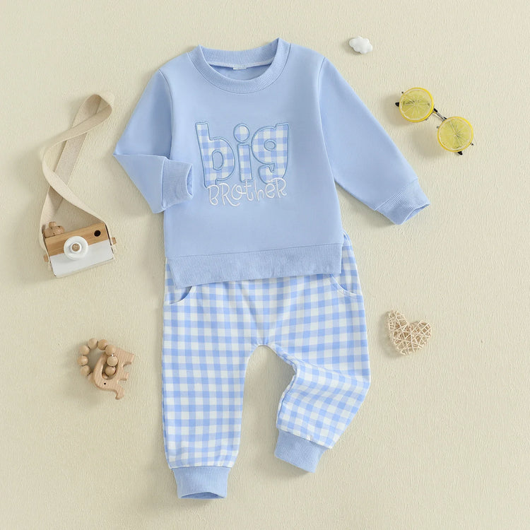 Conjunto de 2 piezas para bebé niño pequeño, otoño, con letras bordadas, camiseta de manga larga y pantalones elásticos a cuadros