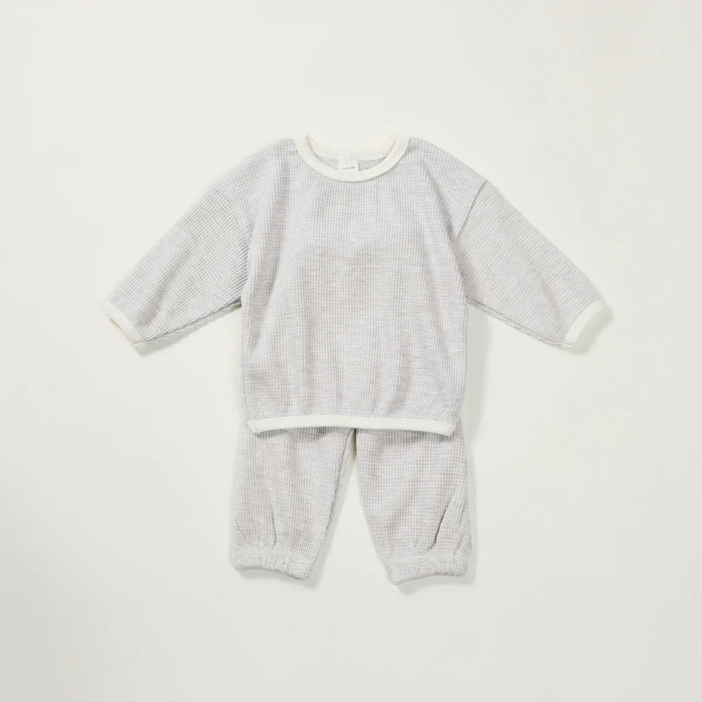 Conjunto de 2 piezas de jersey de algodón gofre de manga larga con cuello redondo y pantalones deportivos para bebés y niñas