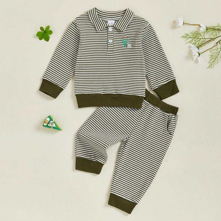Conjunto de ropa infantil de 2 piezas con top de pato bordado de manga larga y pantalones a rayas para bebés y niños pequeños