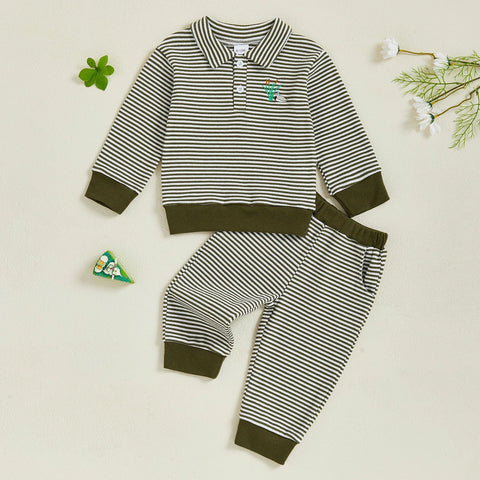 Conjunto de ropa infantil de 2 piezas con top de pato bordado de manga larga y pantalones a rayas para bebés y niños pequeños
