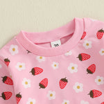 Conjunto de 2 piezas de otoño para bebé niña, camiseta de manga larga con cuello redondo y pantalones deportivos con estampado de flores de fresa