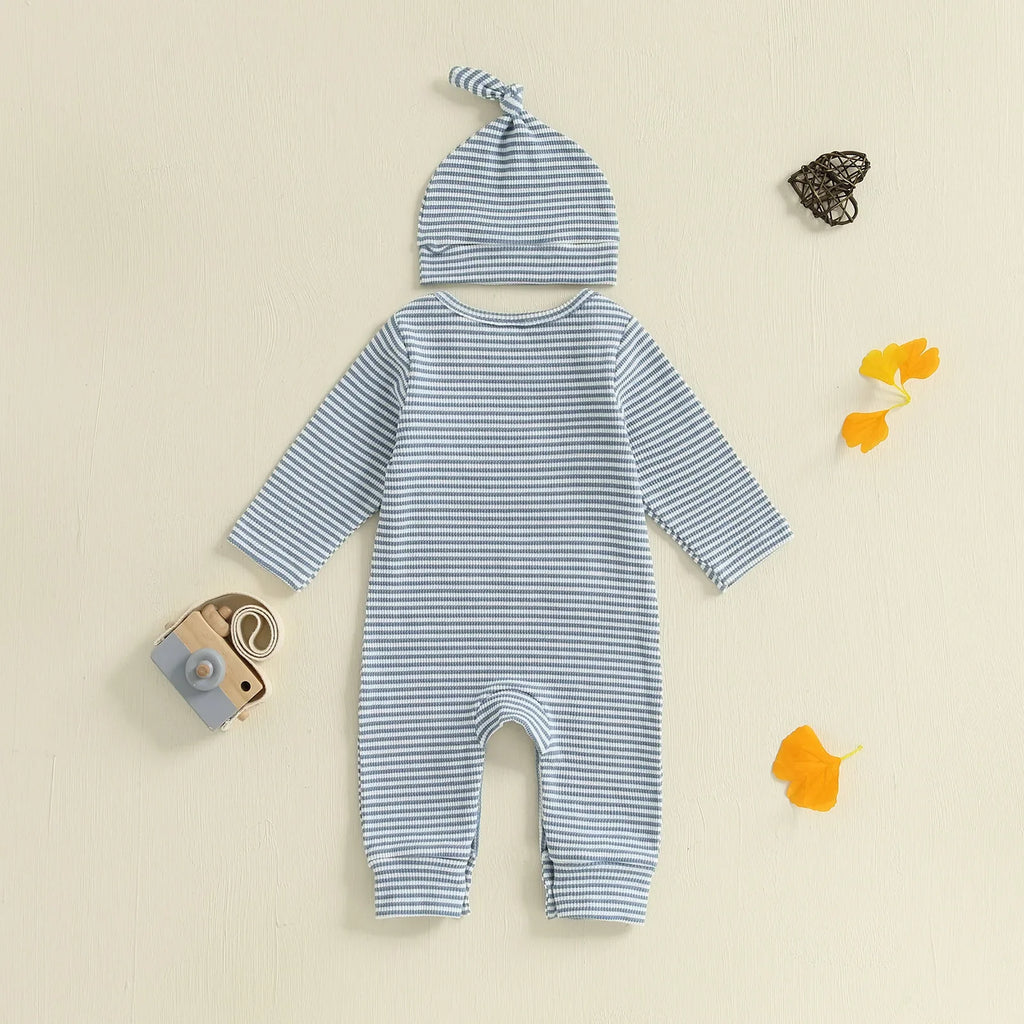 Mono de rayas de otoño para bebé niño, 2 piezas, manga larga, cuello redondo, letras, bordado, conjunto de gorro