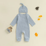 Mono de rayas de otoño para bebé niño, 2 piezas, manga larga, cuello redondo, letras, bordado, conjunto de gorro