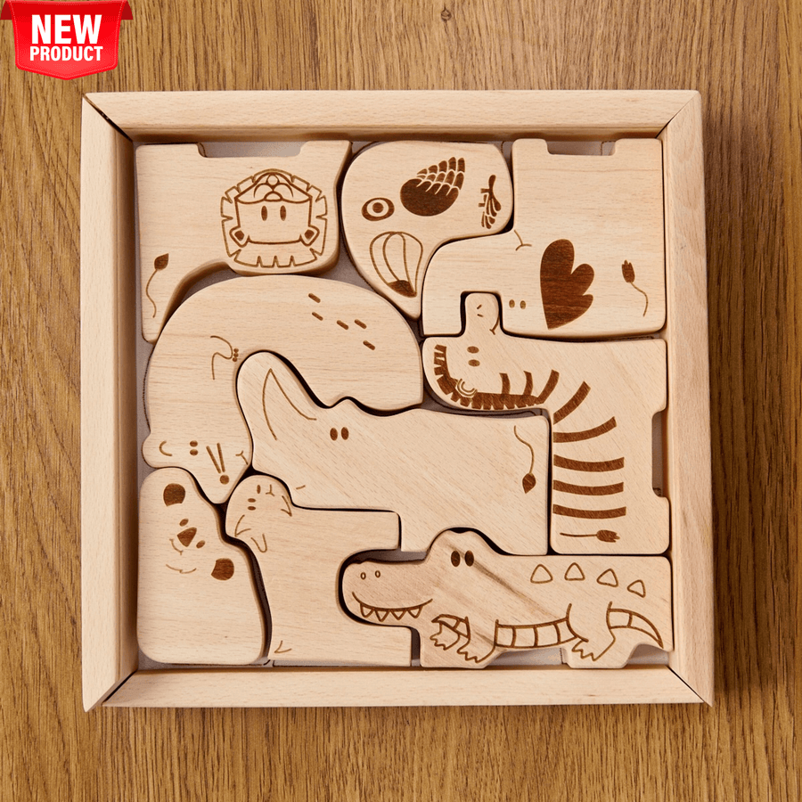 Caja de rompecabezas de madera con animales de safari para niños pequeños