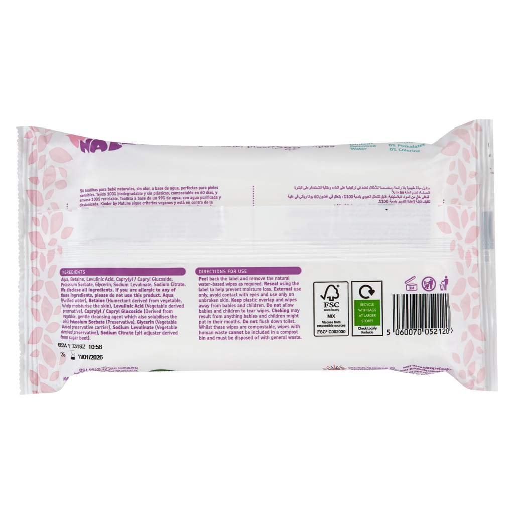 Toallitas húmedas para bebés Kinder by Nature 100 % biodegradables a base de agua - 672 unidades (12 paquetes de 56 toallitas)