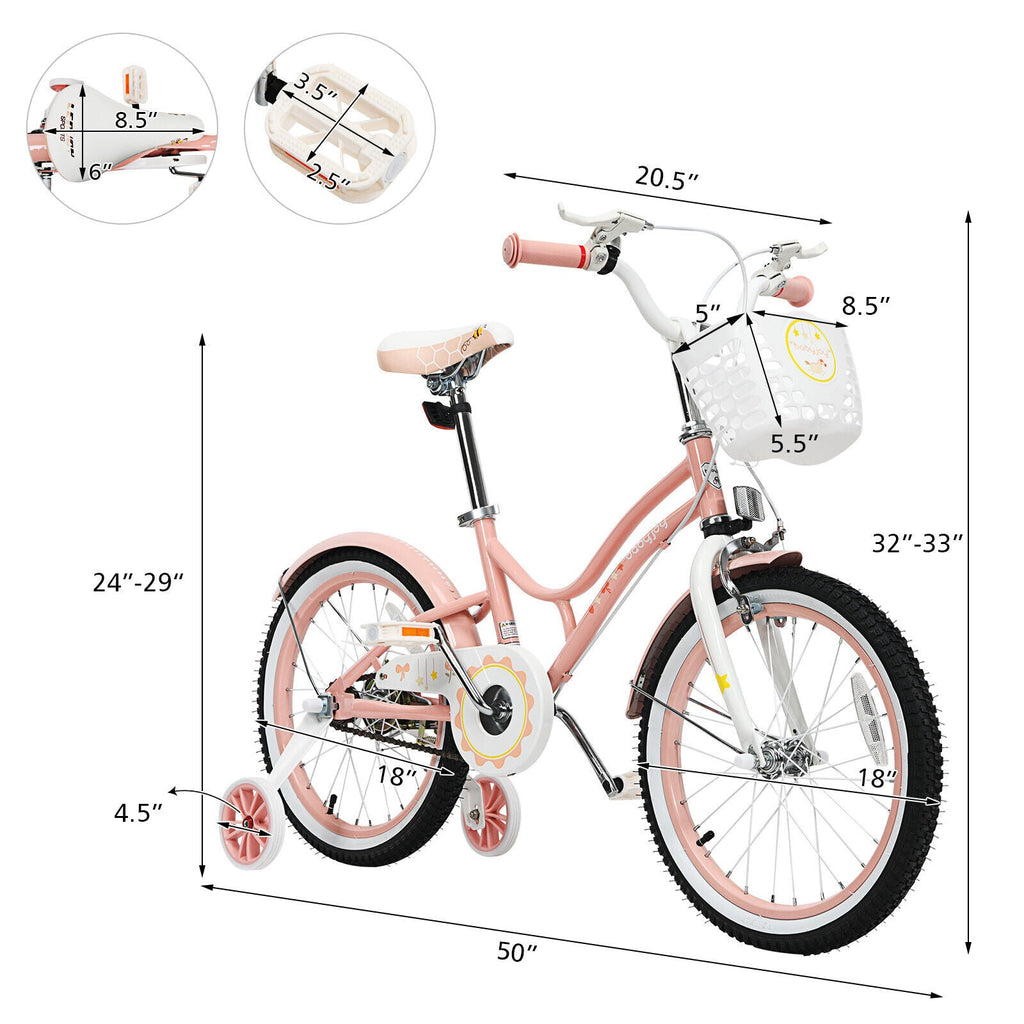 Bicicleta infantil ajustable de 18 pulgadas para niños pequeños con ruedines de apoyo - Rosa