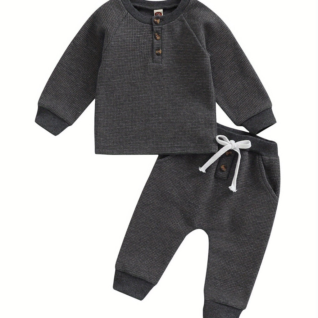 Conjunto de ropa gruesa tipo gofre para niños y niñas con botones redondos