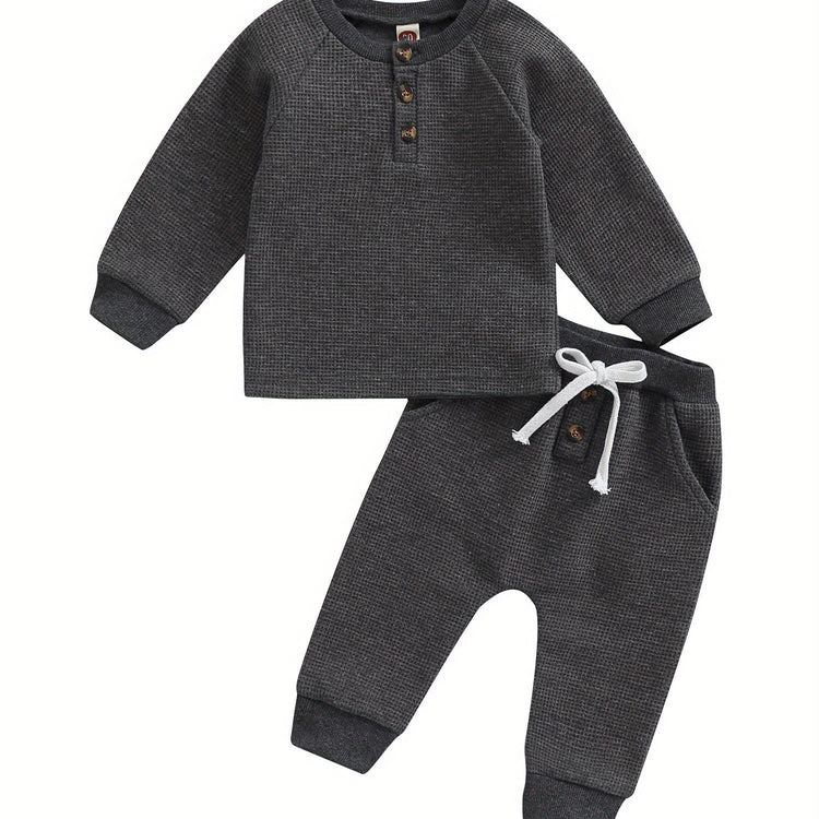 Conjunto de ropa gruesa tipo gofre para niños y niñas con botones redondos