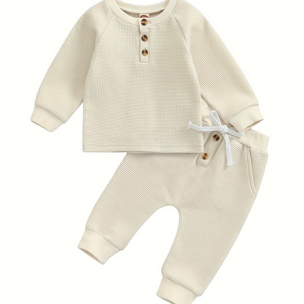 Conjunto de ropa gruesa tipo gofre para niños y niñas con botones redondos