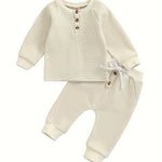 Conjunto de ropa gruesa tipo gofre para niños y niñas con botones redondos