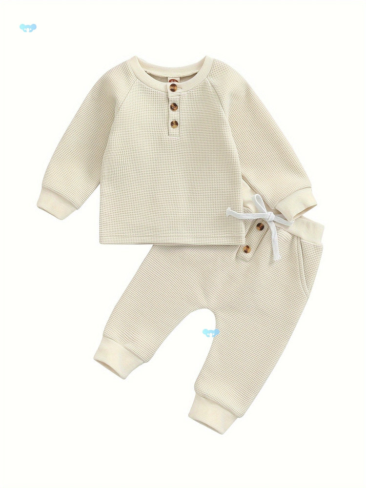 Conjunto de ropa gruesa tipo gofre para niños y niñas con botones redondos