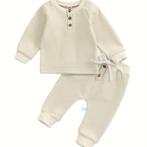 Conjunto de ropa gruesa tipo gofre para niños y niñas con botones redondos