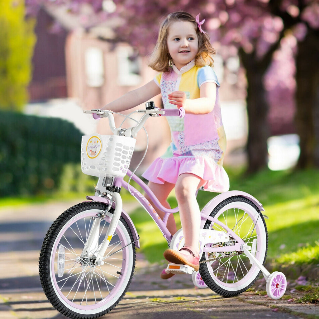 Bicicleta infantil ajustable de 18 pulgadas con ruedines de apoyo - Morada