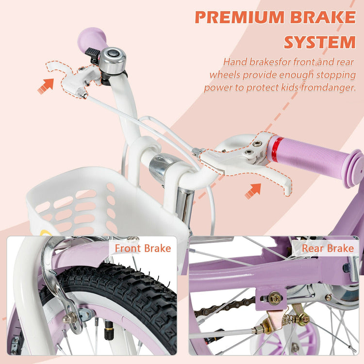 Bicicleta infantil ajustable de 18 pulgadas con ruedines de apoyo - Morada