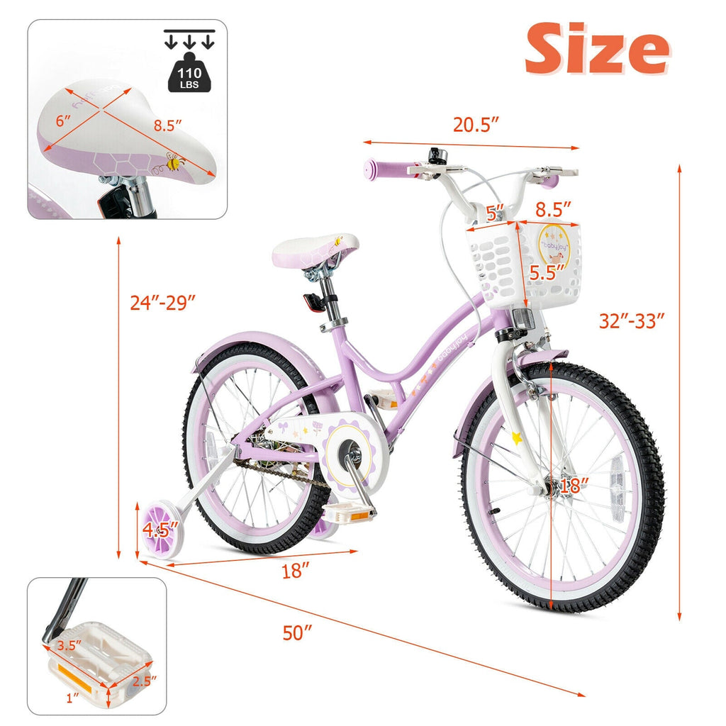 Bicicleta infantil ajustable de 18 pulgadas con ruedines de apoyo - Morada