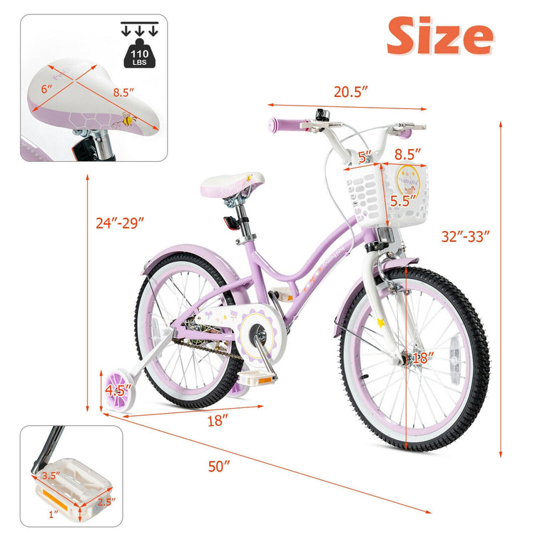 Bicicleta infantil ajustable de 18 pulgadas con ruedines de apoyo - Morada