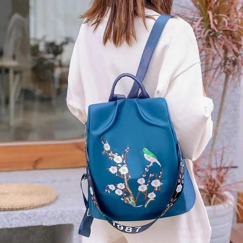 Mochila de tela para mujer, mochila bordada, bolso de nailon antirrobo impermeable para mujer, mochilas antirrobo de moda para mujer, bonita mochila escolar estampada, mochila de gran capacidad de alta calidad (