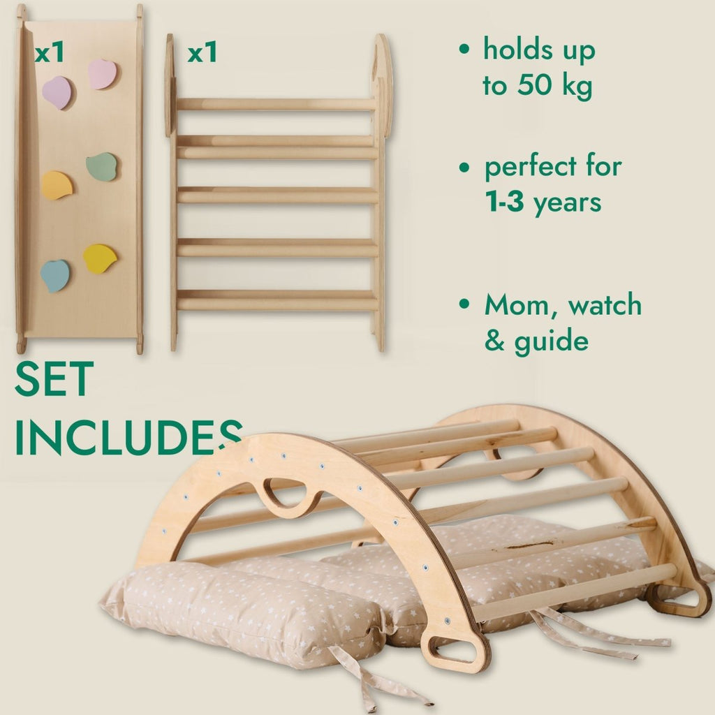 Set de escalada Montessori 4 en 1: Triángulo Pikler, arco, tobogán y cojín para niños pequeños (1 a 3 años)