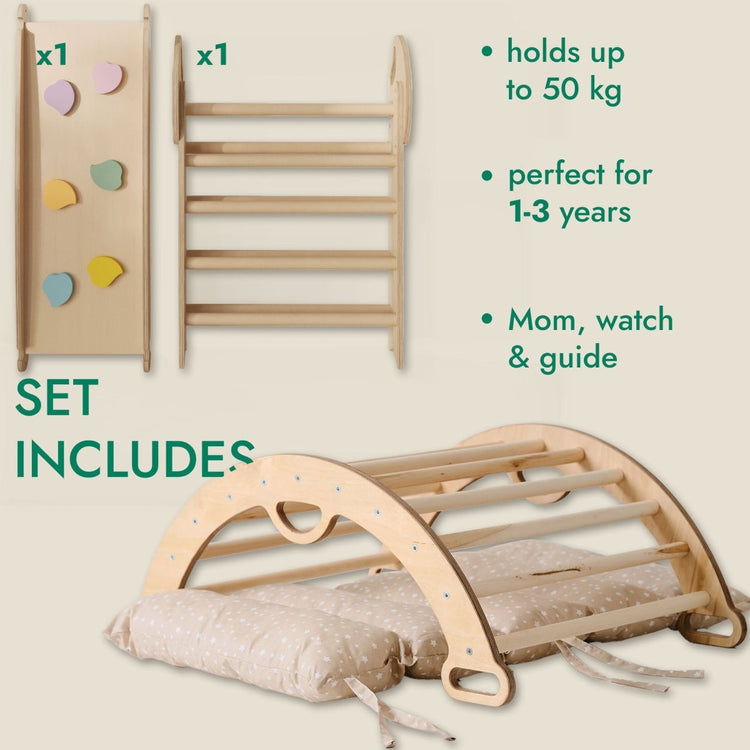 Set de escalada Montessori 4 en 1: Triángulo Pikler, arco, tobogán y cojín para niños pequeños (1 a 3 años)