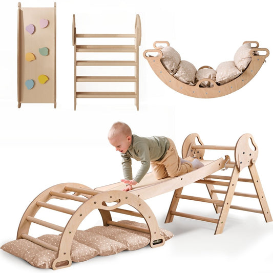 Set de escalada Montessori 4 en 1: Triángulo Pikler, arco, tobogán y cojín para niños pequeños (1 a 3 años)