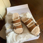 Zapatos nuevos de algodón y lana con doble hebilla, zapatos de lana para interiores y exteriores, pantuflas cálidas y cómodas para mujer, pantuflas ortopédicas forradas de piel para interiores con hebilla ajustable.