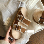 Zapatos nuevos de algodón y lana con doble hebilla, zapatos de lana para interiores y exteriores, pantuflas cálidas y cómodas para mujer, pantuflas ortopédicas forradas de piel para interiores con hebilla ajustable.