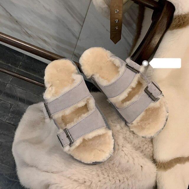 Zapatos nuevos de algodón y lana con doble hebilla, zapatos de lana para interiores y exteriores, pantuflas cálidas y cómodas para mujer, pantuflas ortopédicas forradas de piel para interiores con hebilla ajustable.