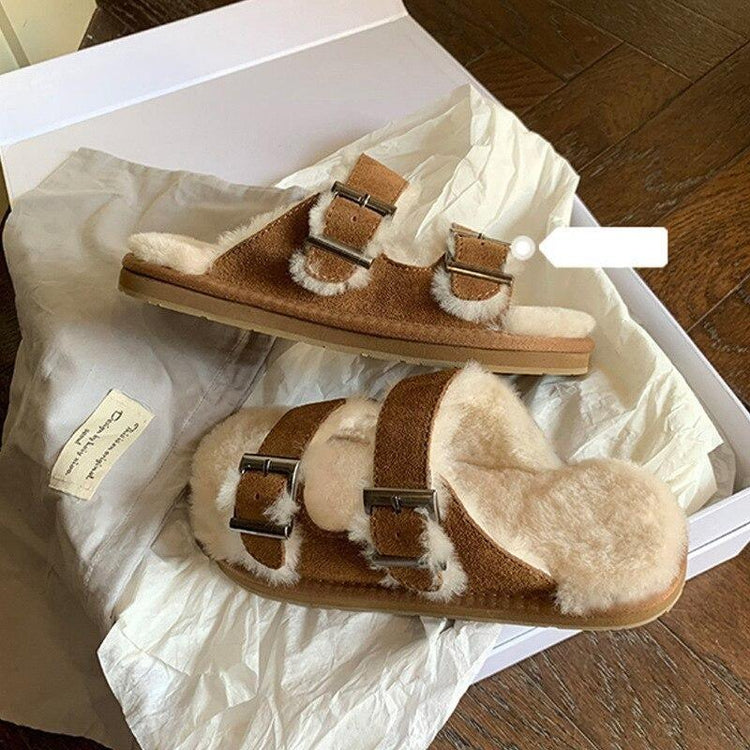 Zapatos nuevos de algodón y lana con doble hebilla, zapatos de lana para interiores y exteriores, pantuflas cálidas y cómodas para mujer, pantuflas ortopédicas forradas de piel para interiores con hebilla ajustable.