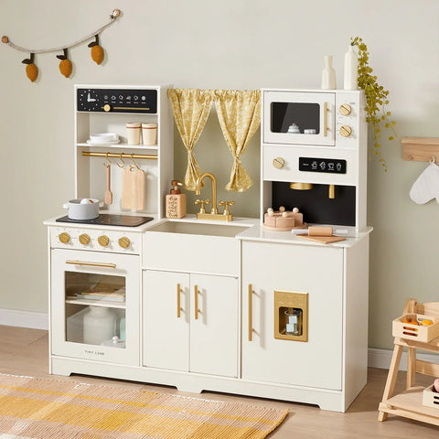 Tiny Land® Iconic Cocina de Juguete de Madera – Set de Cocina de Simulación color Crema para Niños