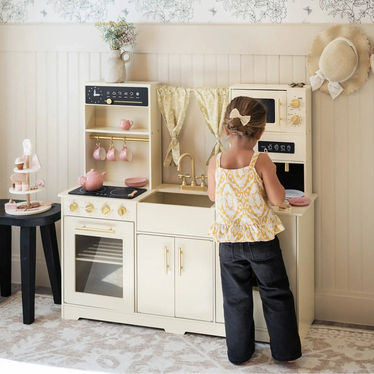 Tiny Land® Iconic Cocina de Juguete de Madera – Set de Cocina de Simulación color Crema para Niños