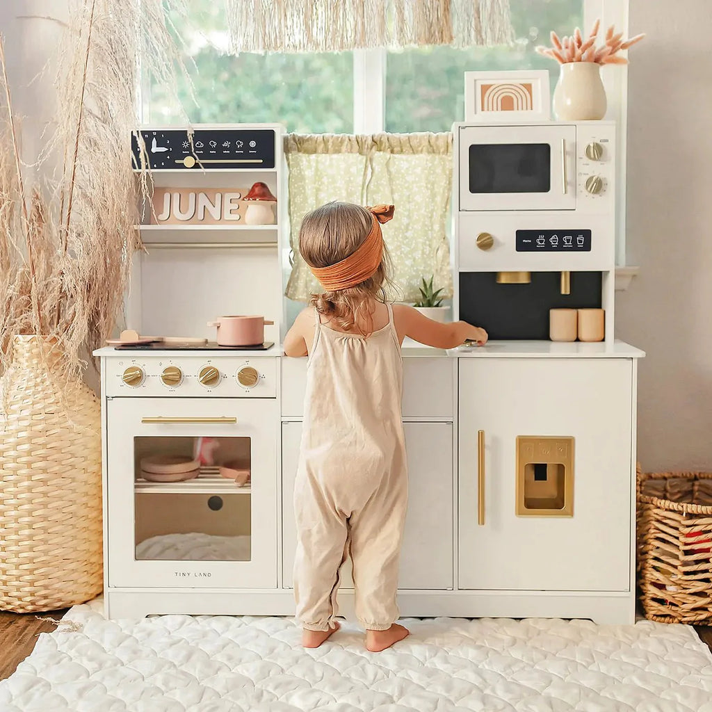 Tiny Land® Iconic Cocina de Juguete de Madera – Set de Cocina de Simulación color Crema para Niños