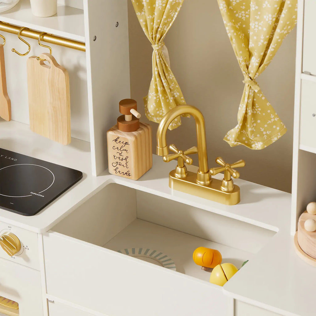 Tiny Land® Iconic Cocina de Juguete de Madera – Set de Cocina de Simulación color Crema para Niños