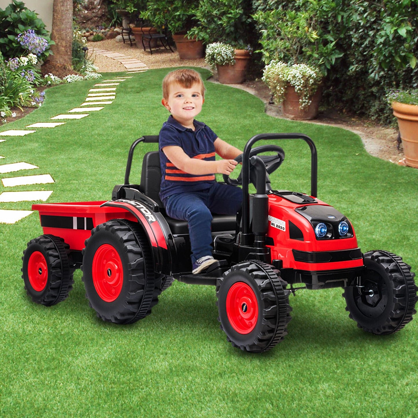 Tractor a batería de 12 V con remolque y coche eléctrico a control remoto