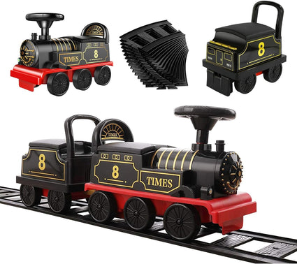 Tren eléctrico para montar con vías, dos plazas, vagón de carga, música y luces.