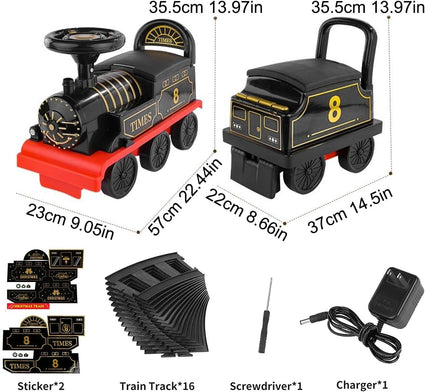 Tren eléctrico para montar con vías, dos plazas, vagón de carga, música y luces.