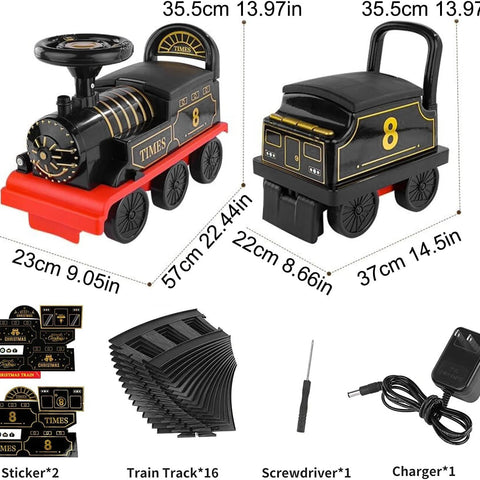 Tren eléctrico para montar con vías, dos plazas, vagón de carga, música y luces.