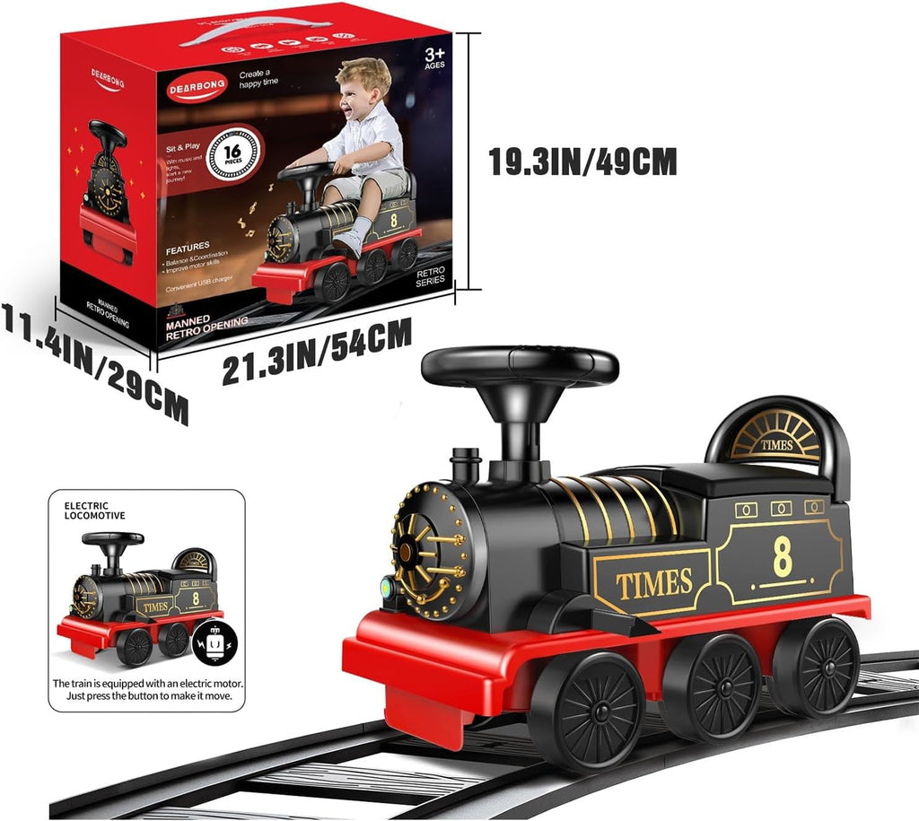 Tren eléctrico para montar con vías, dos plazas, vagón de carga, música y luces.