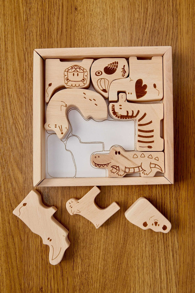 Caja de rompecabezas de madera con animales de safari para niños pequeños
