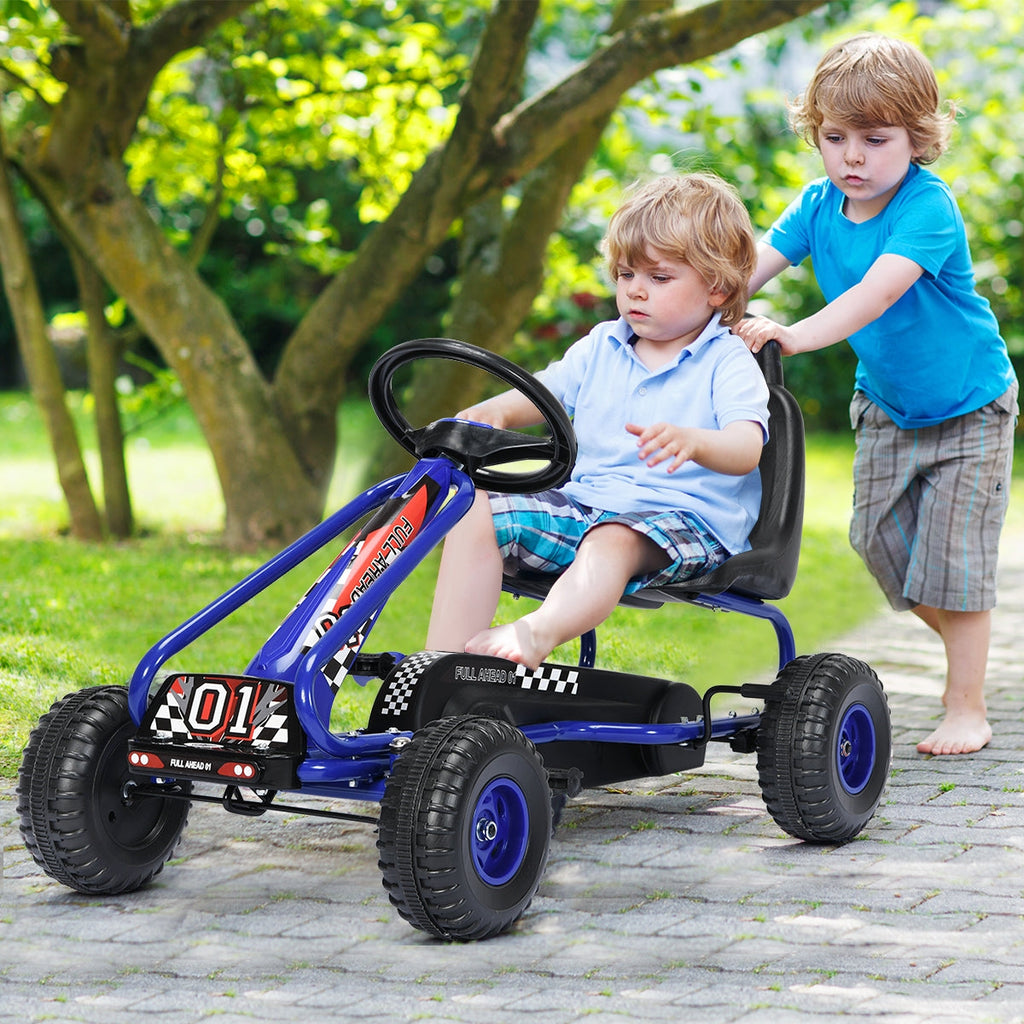 Vehículo eléctrico de cuatro ruedas a pedales con asiento ajustable - Azul